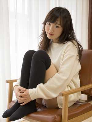 クリーム色のオーバーサイズのセーターと黒のニーハイソックスを履いて、リラックスした表...。