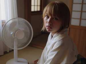 木製の壁と引き戸のある居心地の良い部屋で、卓上扇風機の前に座っている若い女性をポート...。