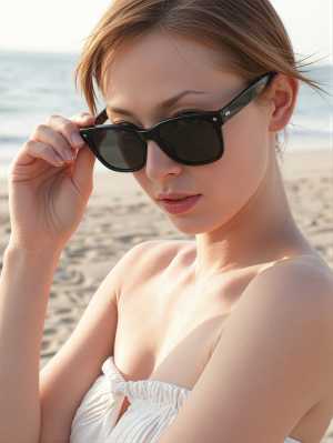 日中のビーチでサングラスをかけた若い女性をクローズアップ カメラ アングルから写実的...。