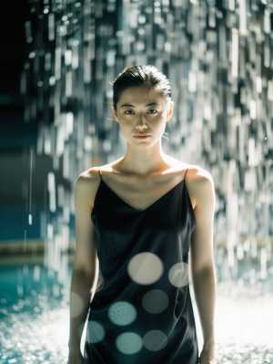 白い水玉模様の黒いドレスを着て、滝のように流れる水の前に立っている若い女性を正面カメ...。