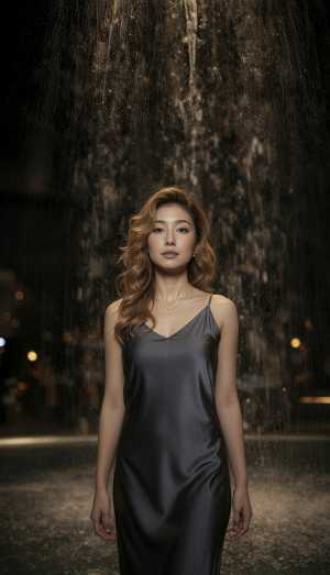 シルクのようなスリップ ドレスを着て、夜に滝の前に立つ女性を正面カメラのアングルから...。