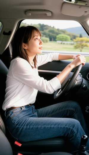 白い長袖シャツとブルー ジーンズを履いて車の運転席に座っている若い女性を横から撮影し...。