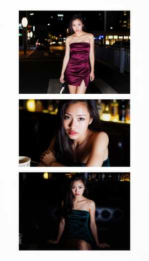 夜にストラップレスの紫色のドレスを着た若い女性をフィーチャーした 3 枚の写真のコラージュ。