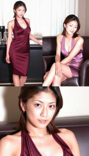 フォーマルで洗練された雰囲気の若い女性をフィーチャーした 4 枚の写真のコラージュか...。