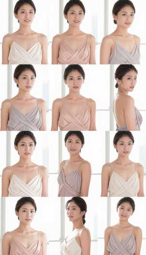 複数の写真が格子状に配置され、複数の行と列で表示された若い女性の写実的なポートレート。