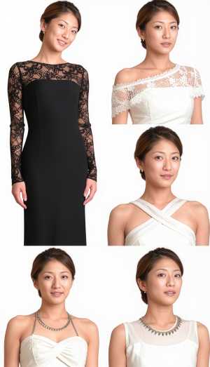 正装をした女性の 9 枚のポートレートを 6 行 6 列のグリッドに配置したコラージュ。