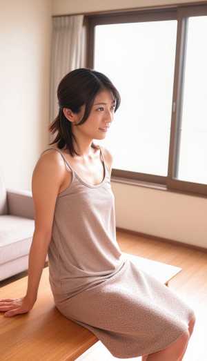 明るい色のタンクトップとニットのスカートを着て、居心地の良い部屋の木のベンチに座って...。