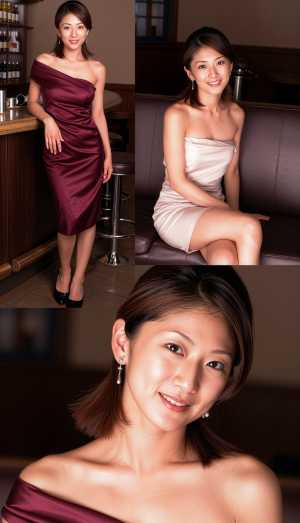 薄暗いバーの中でポーズをとる若い女性をフィーチャーした、4 枚の写真のコラージュから...。