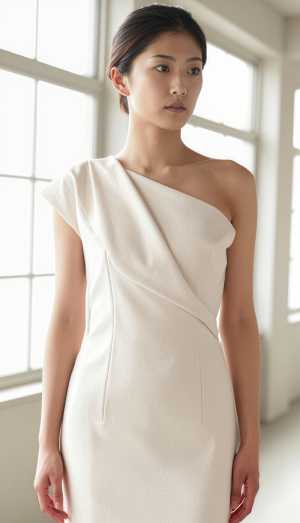 大きな窓のある誰もいない部屋に白いワンショルダーのドレスを着た女性が立っている様子を...。