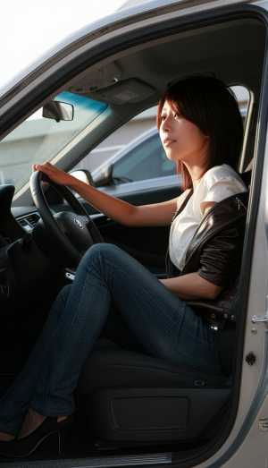 車の運転席に座る若い女性を横から撮影した写実的な写真。