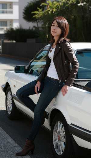 茶色の革のジャケットとジーンズを着て白い車のボンネットに座っている若い女性を横から撮...。