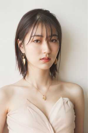 ミニマルな服とゴールドのアクセサリーを身に着けた、ニュートラルな表情の若い女性をポー...。