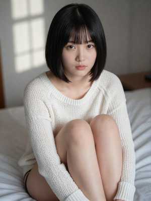 白いニットを着た若い女性が瞑想的な表情でベッドに座っている様子を、正面カメラのアング...。