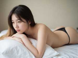 最小限の服を着て、魅惑的なポーズでベッドに横たわる若いアジア人女性を横から撮った写実...。