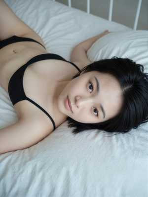 ベッドに横たわり、無表情でカメラを見つめる若い女性をクローズアップアングルから写実的...。