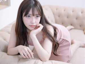 ピンクのノースリーブ トップスを着て、ベージュのソファでリラックスしたポーズで休む若...。