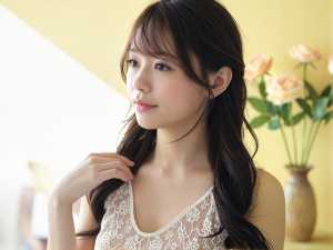 ウェーブのかかった濃い茶色の長い髪と白い肌を持つ若い女性が、画像の中央に座り、思慮深...。