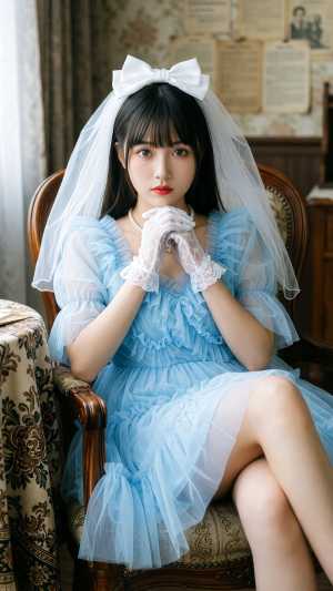 ビンテージの壁紙とカーテンのあるエレガントな部屋で、ベール付きの青いウェディング ド...。