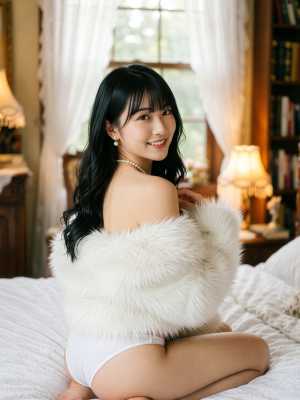 ふわふわの白い毛皮のコートと白い下着を着て、居心地の良い寝室のベッドに座っている若い...。