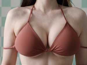 ビキニトップを着た女性の上半身をローアングルからクローズアップ撮影。