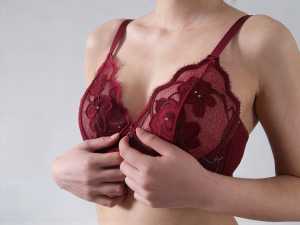 ワインレッドのレースのブラジャーを着けた女性の上半身を中心に、正面からクローズアップ...。