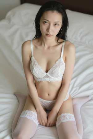 白いランジェリーとサイハイのストッキングを履いてベッドに座っている若い女性を正面から...。