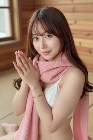 ピンクのスカーフと白いレースのブラジャーを身に着け、顔の前で手を組んでポーズをとる若...。
