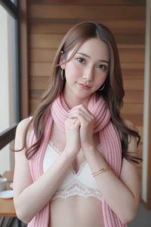 白いレースのクロップトップとピンクのニットスカーフを身に着けた、ウェーブのかかった茶...。