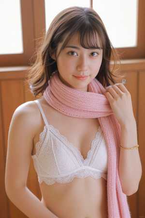 白いレースのブラジャーとピンクのスカーフを身に着け、居心地の良い環境でポーズをとる若...。