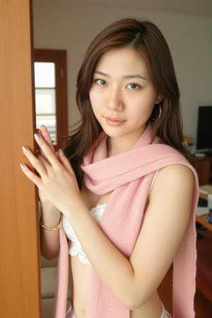 ピンクのスカーフと白いレースのブラジャーを身に着け、木製のドアに向かってポーズをとる...。