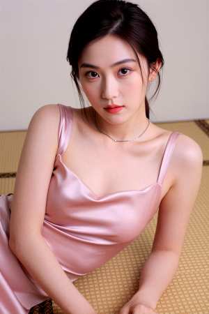 ピンクサテン姿の魅力的な女性