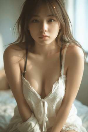 ランジェリー姿でベッドにくつろぐ美女