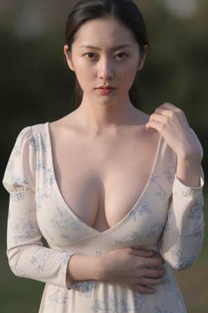 爆乳青ドレス姿の魅力的な女性