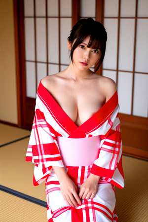 爆乳寝室の赤浴衣ポートレート