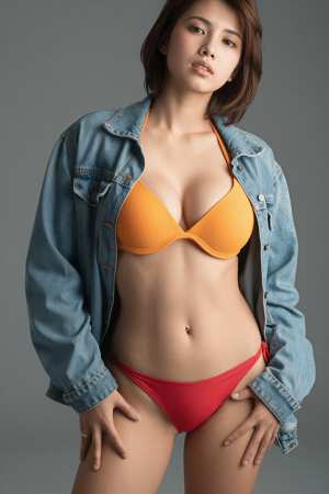 巨乳赤ビキニ姿の魅力的な女性