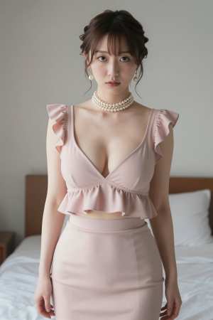 爆乳寝室でピンクのドレスを着た美女