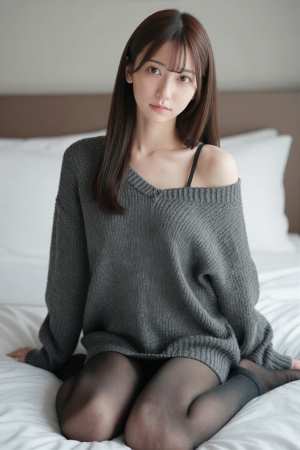 寝室で白のセーターを着た美女