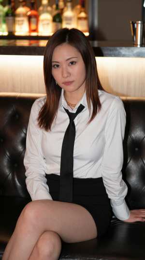 黒のシャツ姿でバーに佇む女性