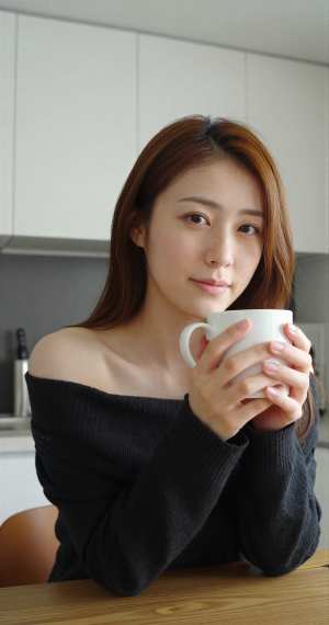 白のセーター姿でキッチンに佇む女性