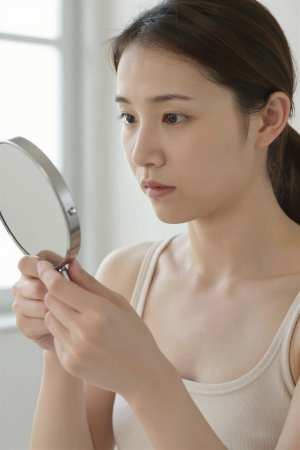 バスルームでのタンクトップ姿の女性