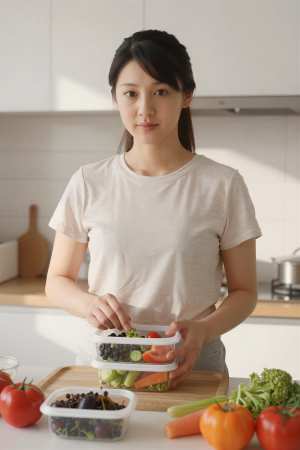 キッチンで撮影された女性のポートレート