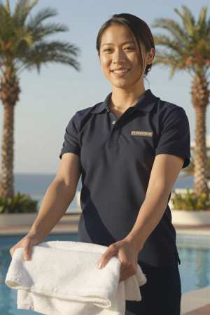 ホテルでのシャツ姿の女性