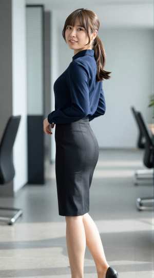 ネイビーのブラウス姿でオフィスに佇む女性