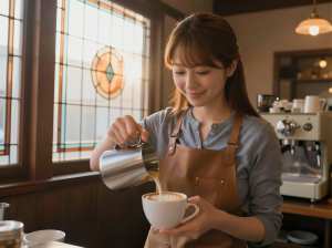 レトロカフェでラテアートを注ぐバリスタ