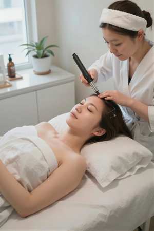 バスルームの笑顔な女性ポートレート