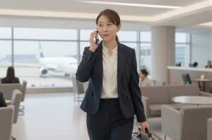 空港ラウンジで電話するビジネスマン