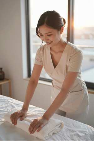 ユニフォーム姿でスパにくつろぐ美女