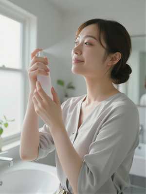 ブラウス姿でバスルームにくつろぐ美女