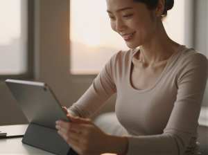 寝室でスキンケア記録をタブレットに