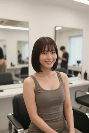 美容室で新しい髪型に満足する女性